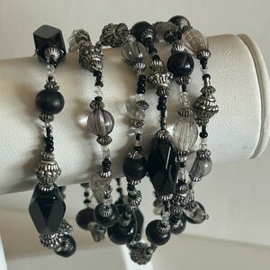 Vintage Black & Silver Lucite & Glass Beads Beaded Bracelet Set 6